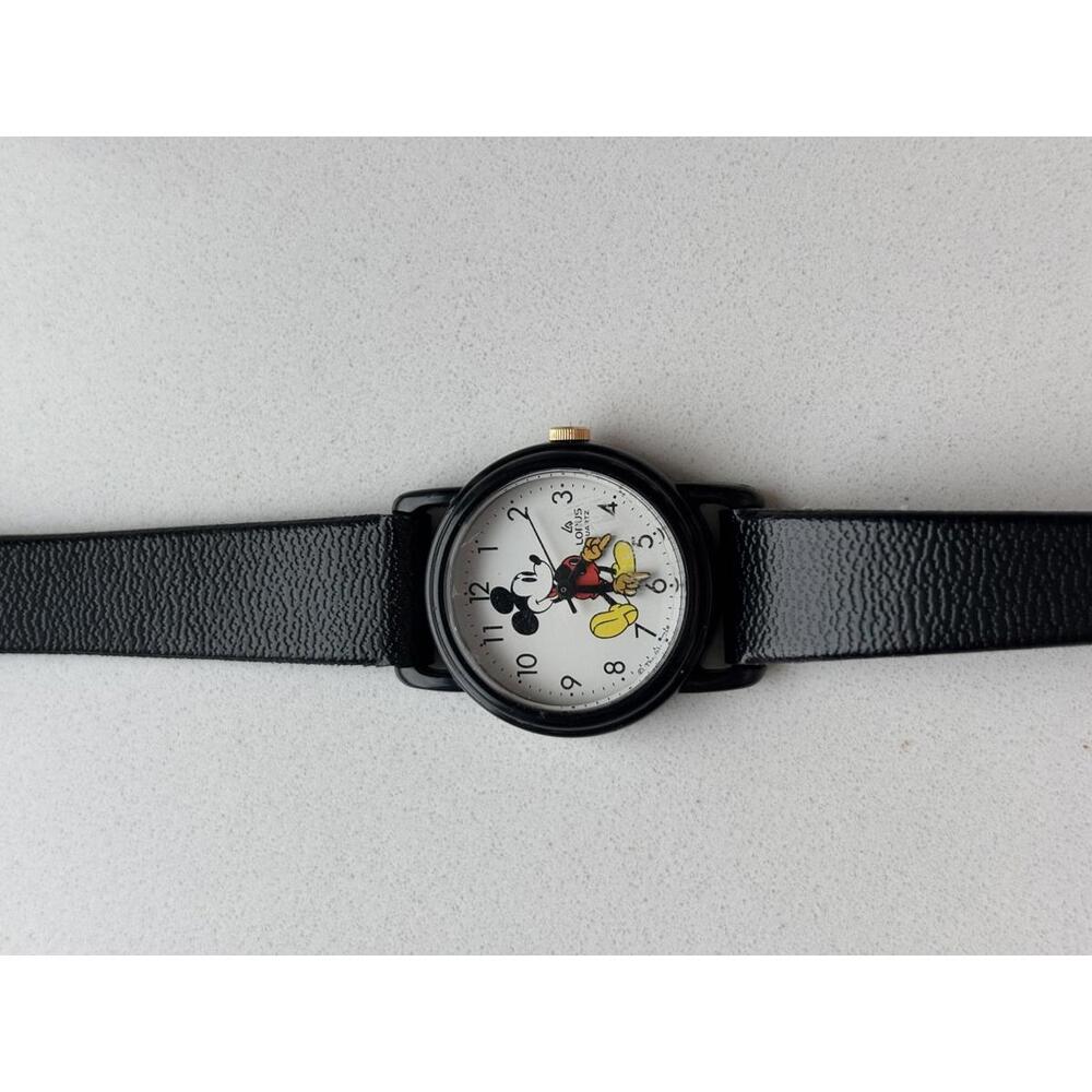 Vintage Mickey Mouse Black Leather Strap Watch